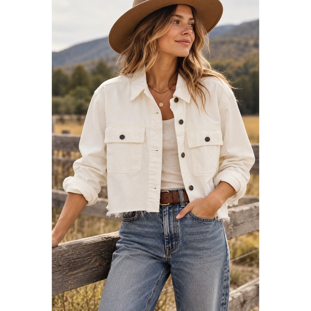 Aerie Women's L Ivory Cropped Denim Utility Jacket Raw Hem NWT